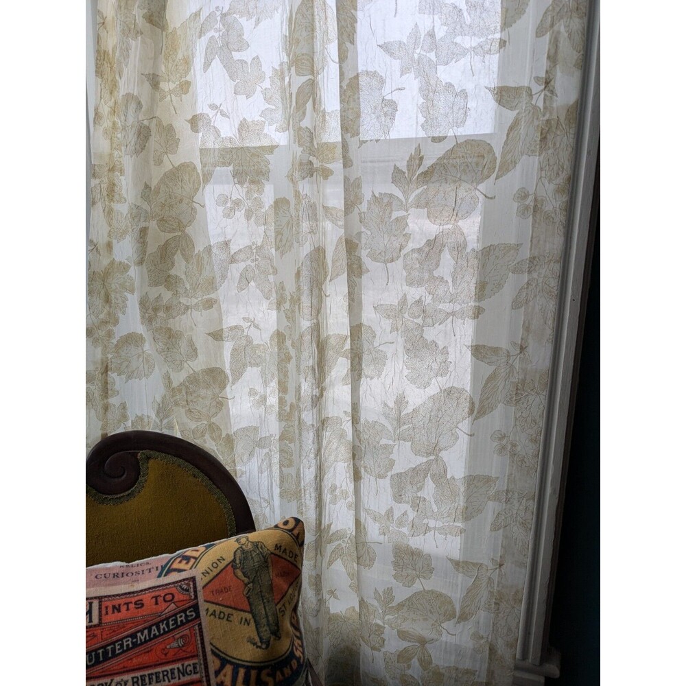 Vintage Croscill Sheer Curtain Panel Pair 84 x 45 Ivory & Gold Leaves Rod Pocket